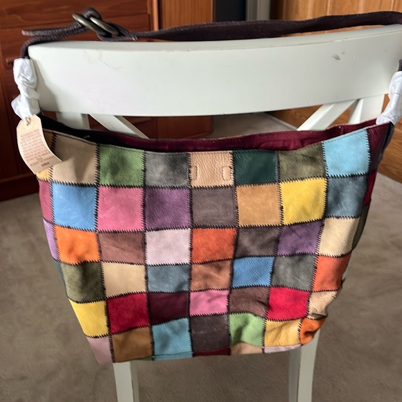 NWT Lucky Brand leather & suede multicolored patchwork hobo tote bag - Picture 1 of 7